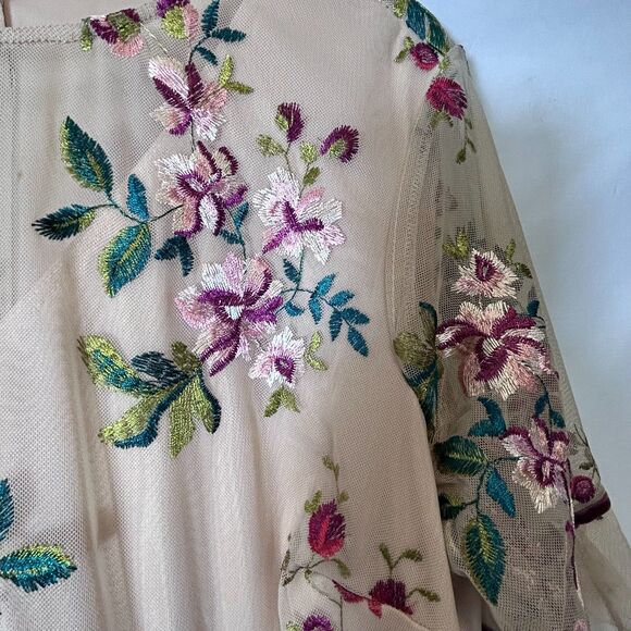 Kiyonna NWOT Women's Beige Floral Embroidered Mesh Elbow Sleeve Midi Dress Sz 2X - Picture 5 of 14